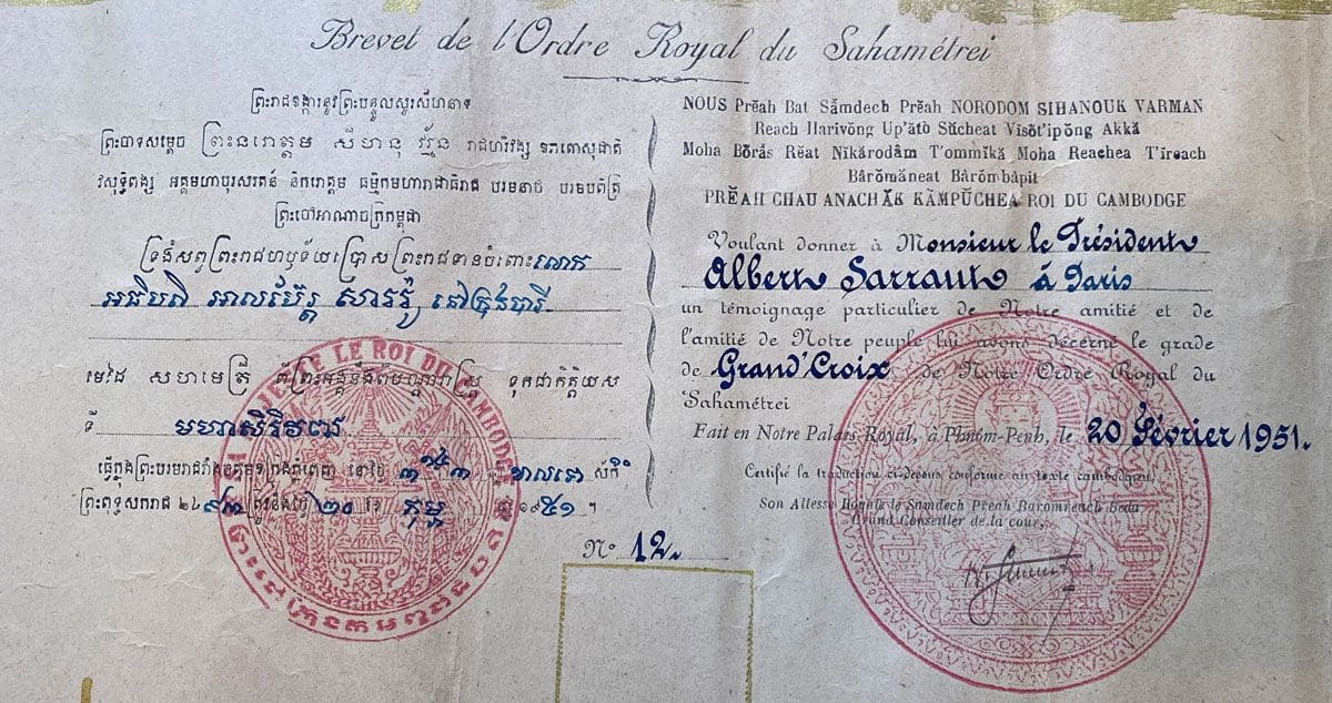 1st class Royal Order of Sahametrei awarded  in 1951 to Albert Sarraut.jpg