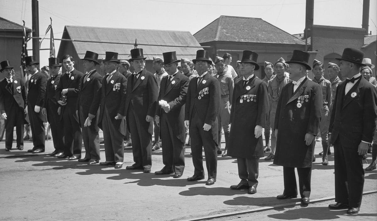 Japanese leaders awaiting the arrival of Prince and Princess Kaya of Japan at La Grande Station, Los Angeles.jpg