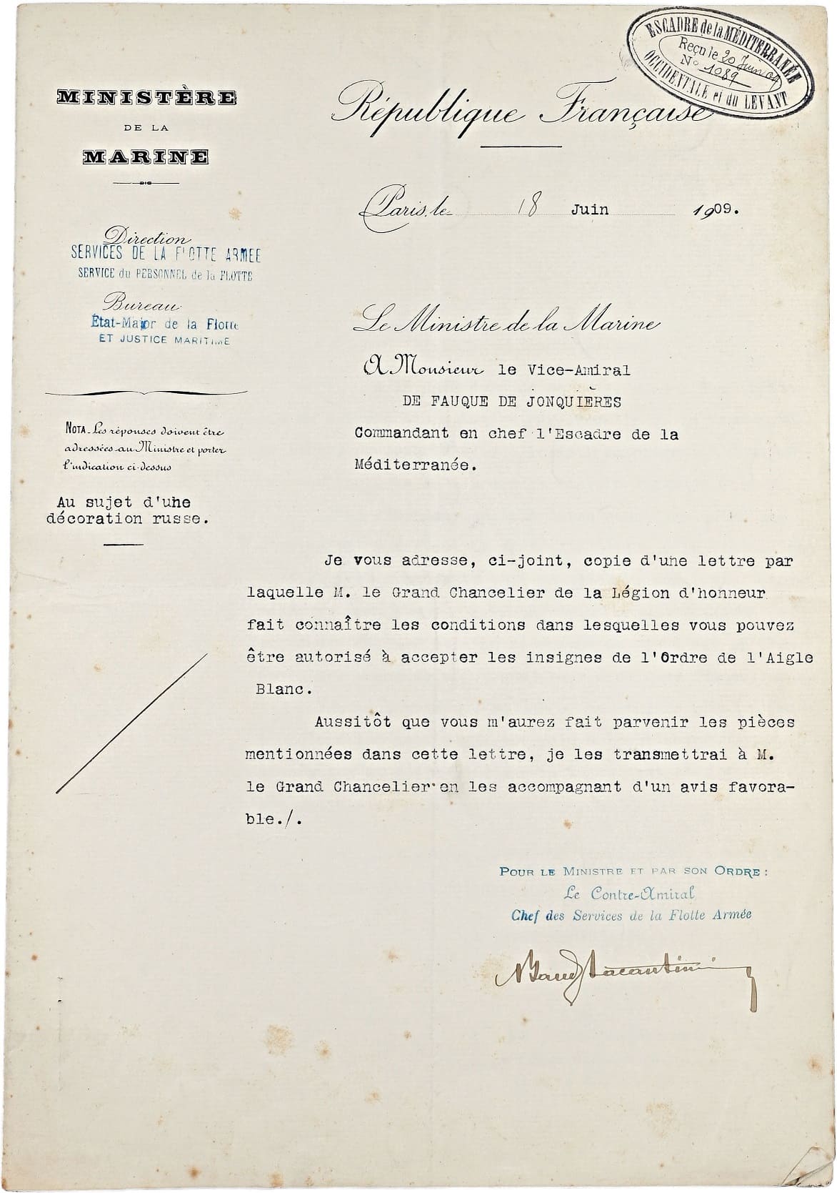 Order of the White Eagle awarded in 1909  to Admiral Eugène de Jonquières.jpg
