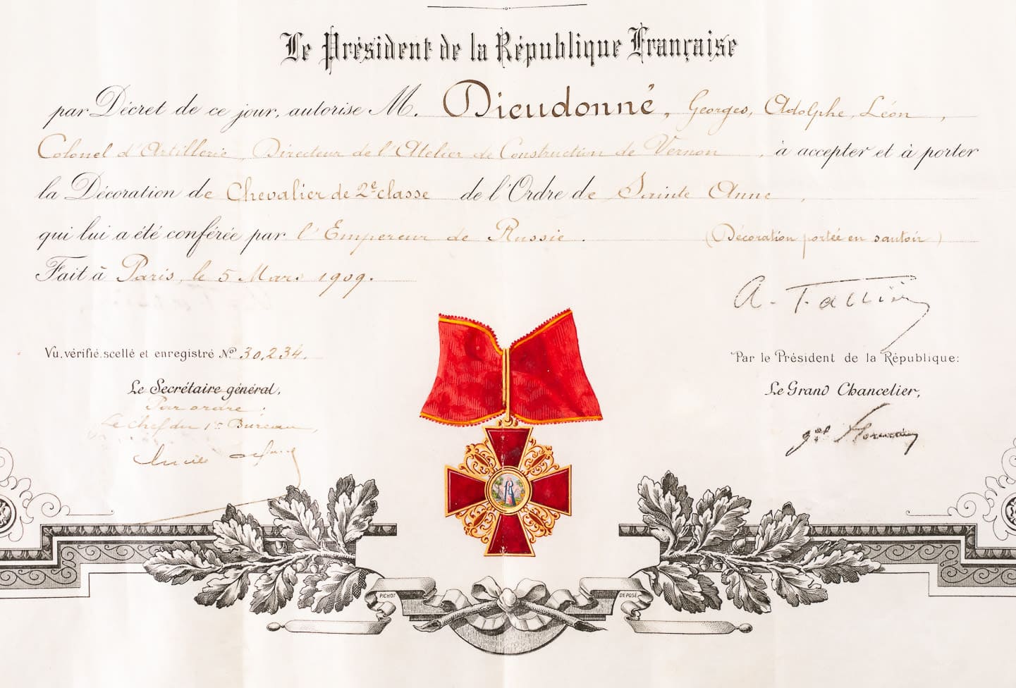 Permissions to accept and wear of 2nd class the Order of St. Anne.jpg