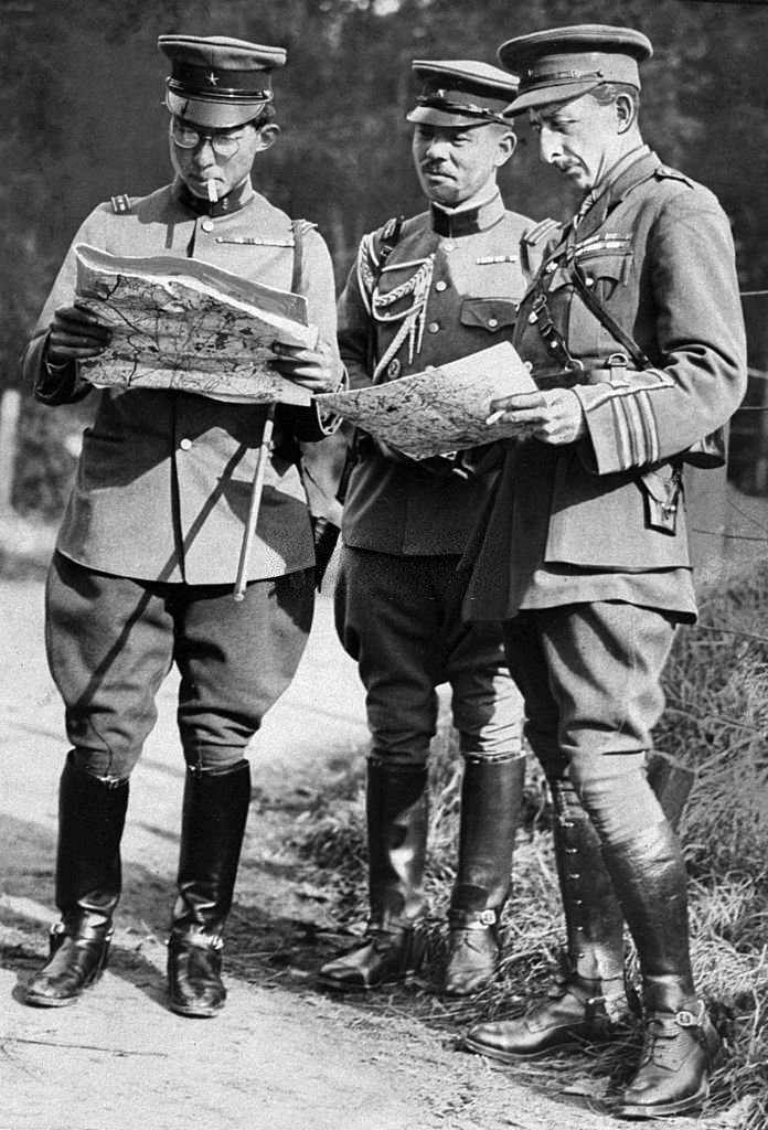 Prince Chichibu with his attache (center) and and Major Hill.jpg